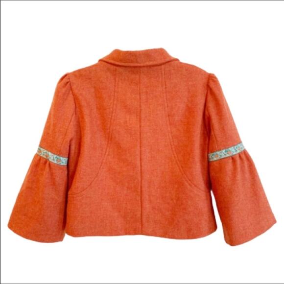 Liza Byrd Jacket Wool Tangerine Orange Blue Trim Bell Sleeve Button Front Jacket - Picture 4 of 9